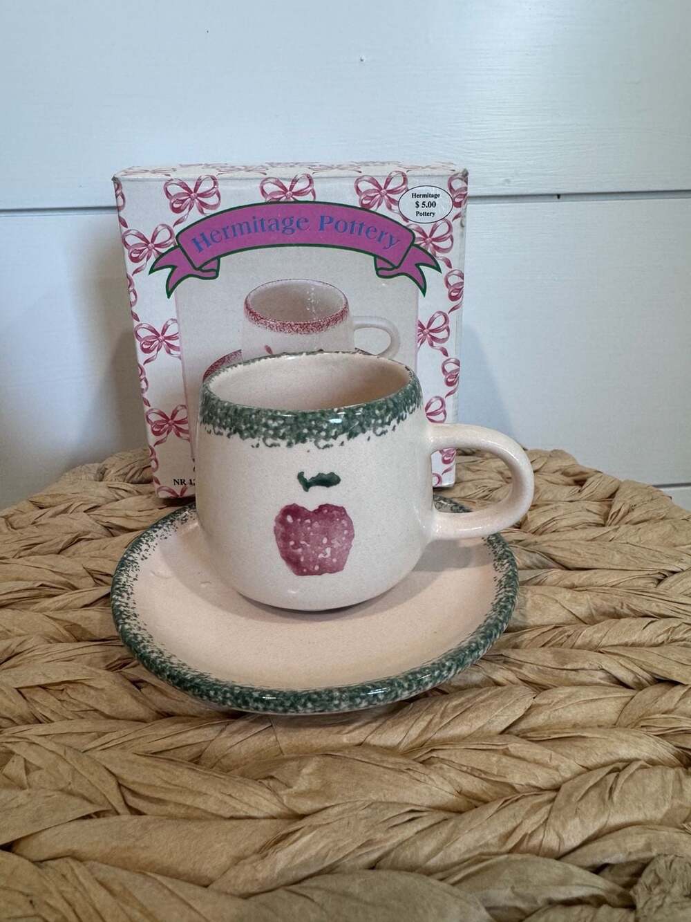 Hermitage Pottery Apple Spongeware Ceramic Cup and Saucer with Original Box